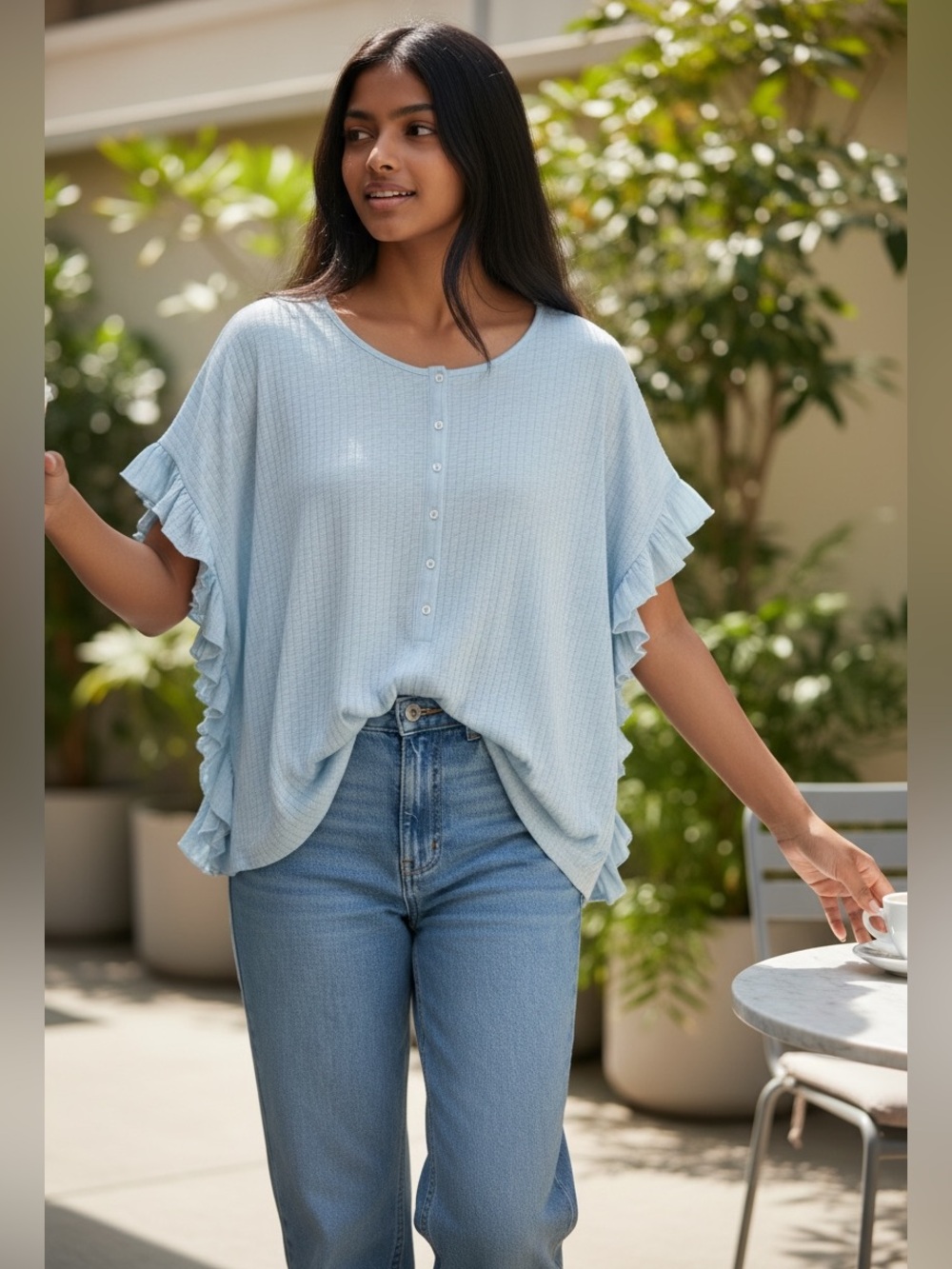 NWT Wonderland by Orange Light Blue Ruffle Sleeve Textured Top